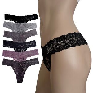 Juicy Couture Lace Rhinestone Monogrammed Thong Panty Panties 6 PAIR NWOT